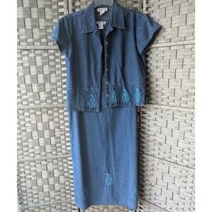 Vtg 90s Denim 2 Pc Set Shift Dress Short Sleeve Top Paisley Embroidered Artsy